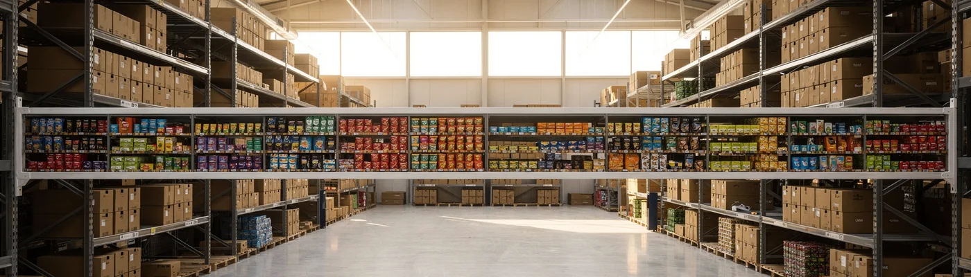 Stocked racking down an aisle of the company's warehouse in Dubai, United Arab Emirates.