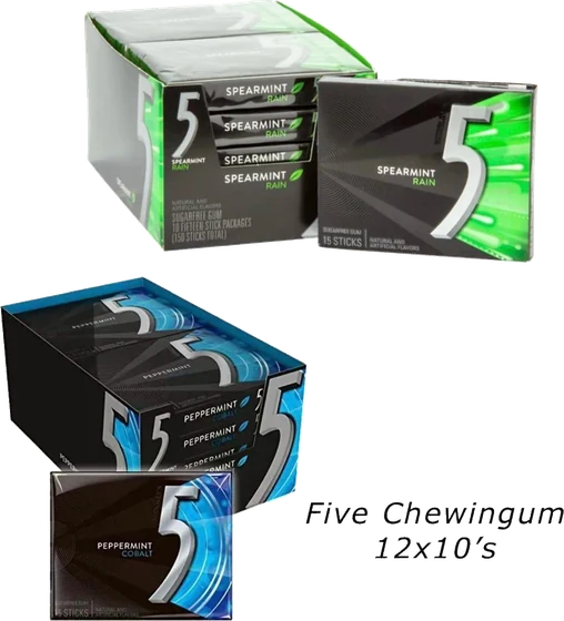 Wrigley 5 Gum, Spearmint Rain and Peppermint Cobalt, 12 x 10 outers.