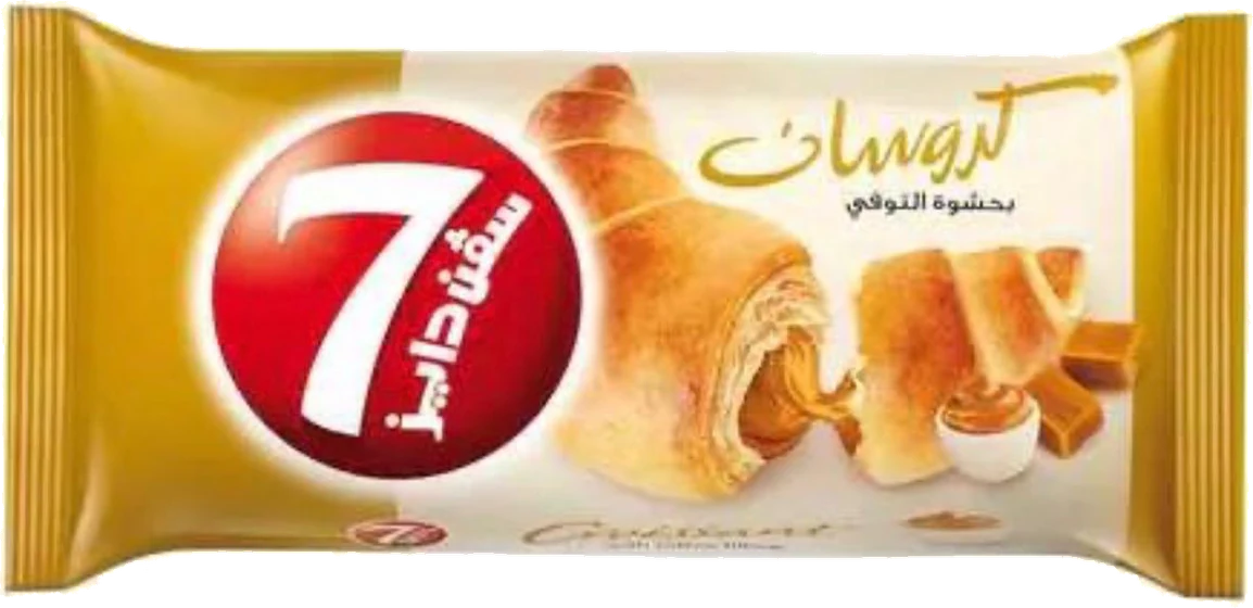 7 Days Croissant Toffee, Single-serve flow wrap, front of pack.