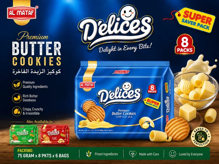 Al Mataf D'elices Butter Cookies, supplier sheet showing the 600 g bag, 75 g x 8 packets and the packing panel it is quoted from.