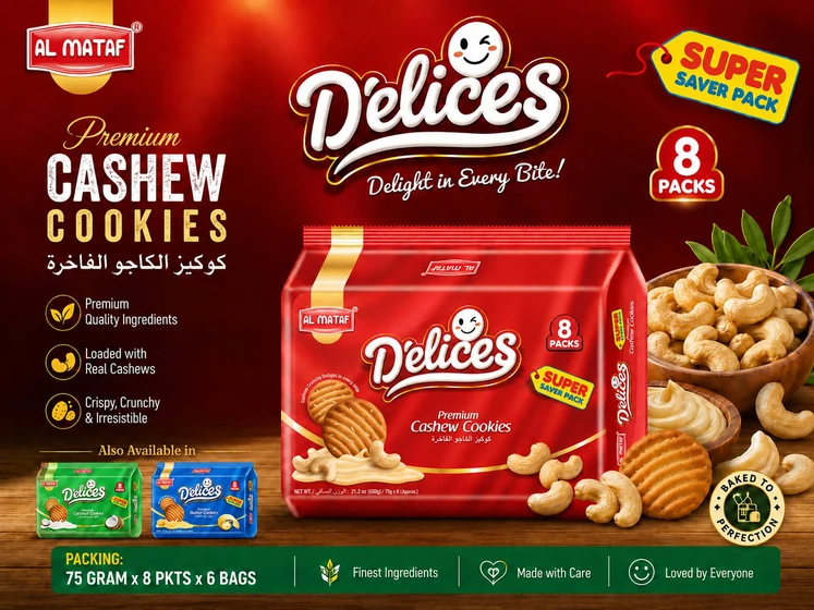 Al Mataf D'elices Cashew Cookies, supplier sheet showing the 600 g bag, 75 g x 8 packets and the packing panel it is quoted from.