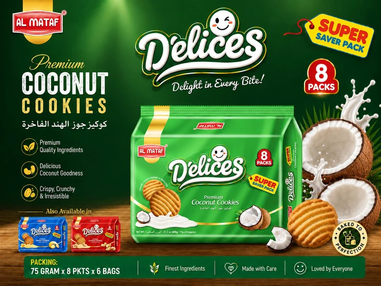 Al Mataf D'elices Coconut Cookies, supplier sheet showing the 600 g bag, 75 g x 8 packets and the packing panel it is quoted from.
