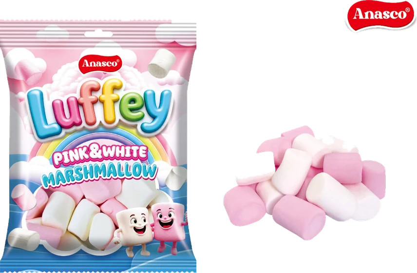 Anasco Luffey Marshmallow, Pink & White, Film bag, front of pack.