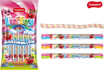 Anasco Luffey marshmallow sticks, strawberry, with the wrapped stick shown.
