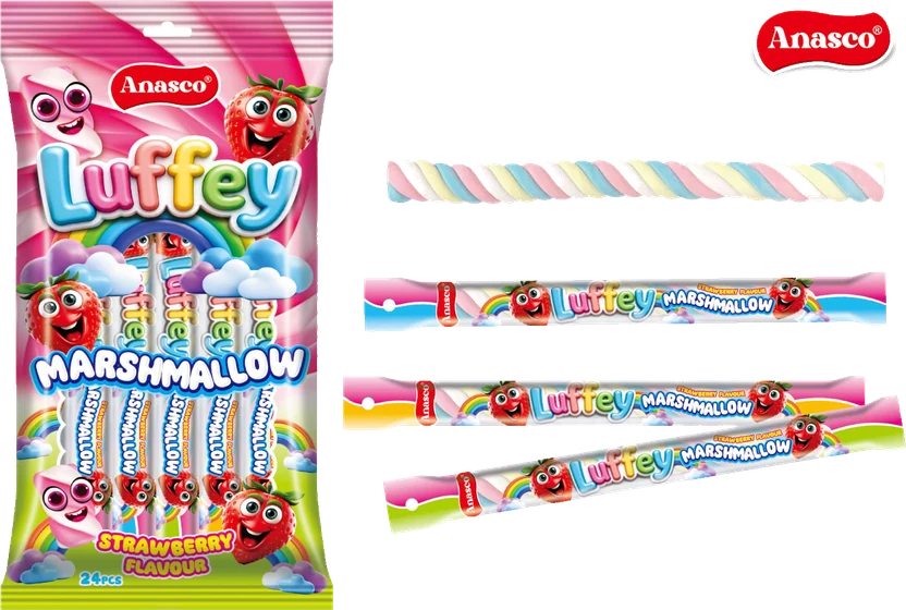Anasco Luffey Marshmallow Sticks, Strawberry, Film bag, 24 wrapped sticks, front of pack.