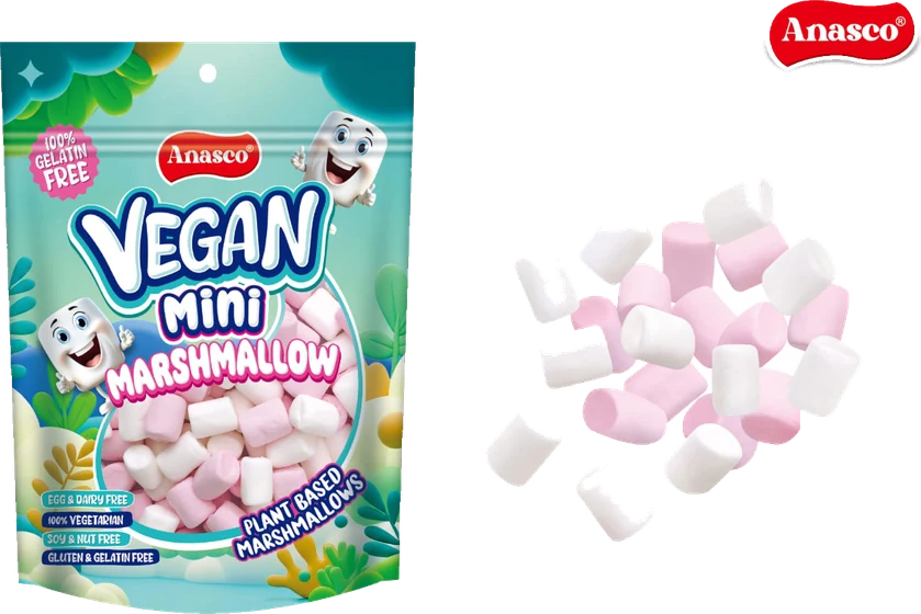Anasco Vegan Mini Marshmallow, Stand-up pouch, front of pack.