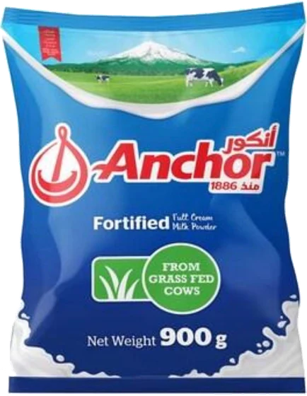Anchor Fortified Milk Powder, pouch, 900 g foil pouch, front of pack.
