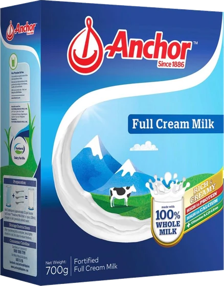 Anchor Full Cream Milk Powder, 400 g carton, front of pack.