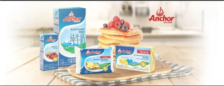 Anchor dairy range: UHT milk, whipping cream, cheddar slices and butter. Lines other than the milk are quoted on enquiry.