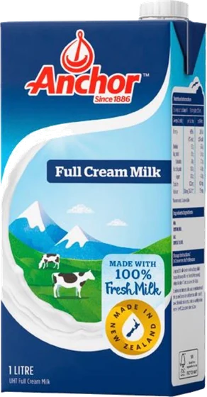 Anchor UHT Full Cream Milk, 1 litre aseptic carton, front of pack.