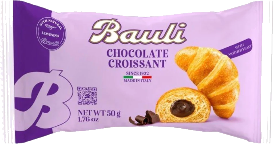 Bauli Chocolate Croissant, 50 g flow wrap, front of pack.