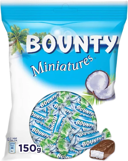 Bounty Miniature, 220 g moulded or enrobed countline bar, front of pack