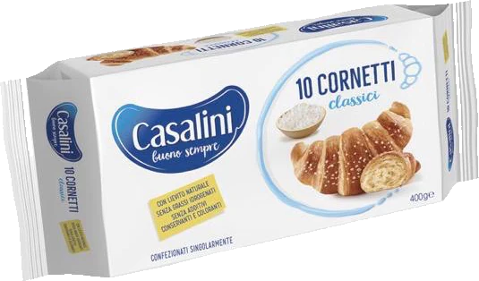 Casalini Cornetti Classici, 10-pack, 400 g bag, 10 individually wrapped, front of pack.