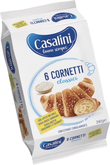 Casalini Cornetti Classici, 6-pack, 240 g bag, 6 individually wrapped, front of pack.