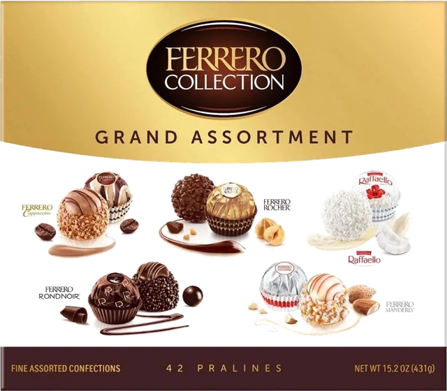 Ferrero Collection Grand Assortment, 431 g carton, 42 pralines, front of pack.