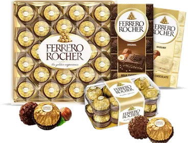 Ferrero Rocher range: the 24-praline box, the tablets and the 16-praline box.