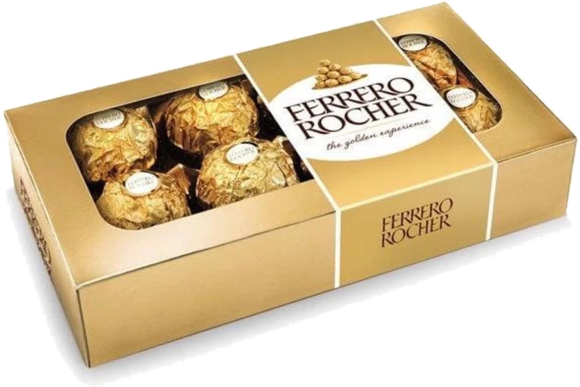 Ferrero Rocher T8, 8-praline gold carton, front of pack.
