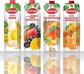 Fortuna nectar and 100% juice range: banana, mango and blackcurrant, multivitamin, mandarin and orange.