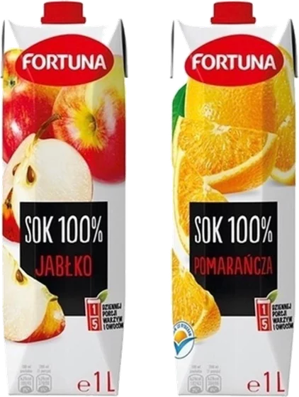 Fortuna 100% juice, 1 litre cartons, apple and orange shown.