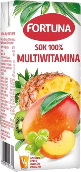 Fortuna Multivitamin 100% juice, 200 ml aseptic carton, front of pack.