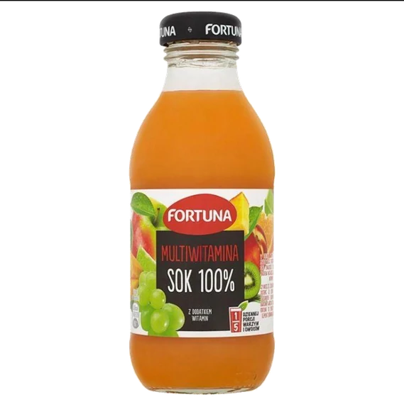 Fortuna Multivitamin Juice, glass bottle, 300 ml glass bottle, front of pack.