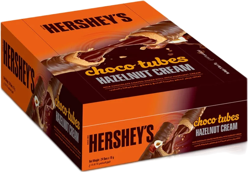 Hershys Chocotube Hazelnut, 18 g moulded or enrobed countline bar, front of pack
