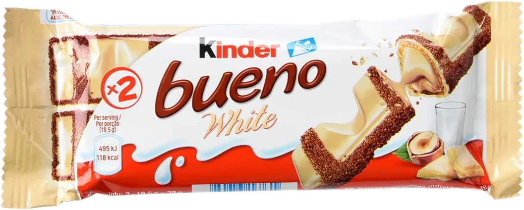 Kinder Bueno White, 39 g moulded or enrobed countline bar, front of pack