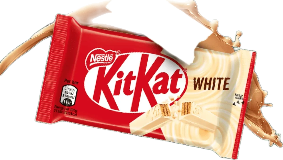 Kitkat White Box, 45 g moulded or enrobed countline bar, front of pack