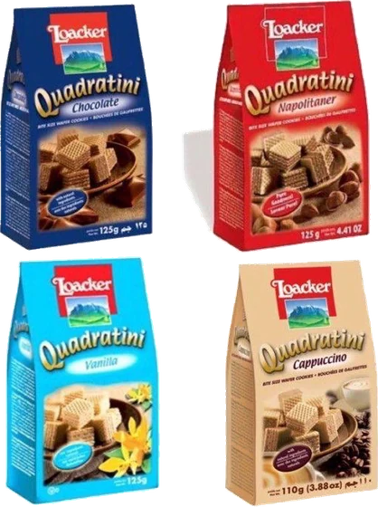 Loacker Quadratini range as supplied, showing several packs of the line.