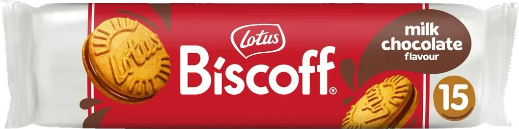 Lotus Biscoff milk chocolate variant, 15-biscuit pack. A separate line from the 250 g plain pack shown above.