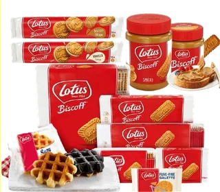 Lotus Biscoff range as published by the supplier: biscuit packs, the spread, waffles and the fine galette.