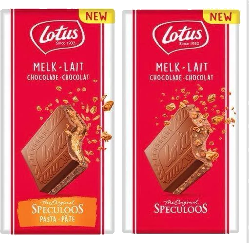 Lotus Biscoff Milk Chocolate Bar range as supplied, showing several packs of the line.