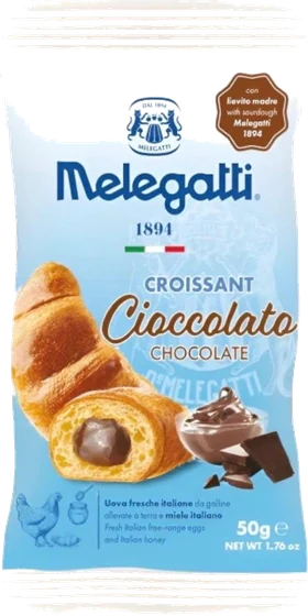 Melegatti Croissant Cioccolato, 50 g flow wrap, front of pack.