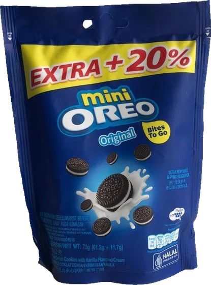 Mini Oreo Original, 73 g stand-up pouch, front of pack.