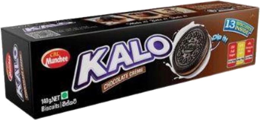 Munchee Kalo Chocolate Creme, 140 g carton, 13 biscuits, front of pack.