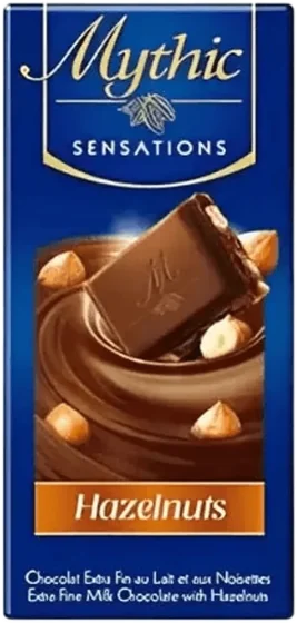 Mythic Sensations Hazelnut, 30 g moulded or enrobed countline bar, front of pack