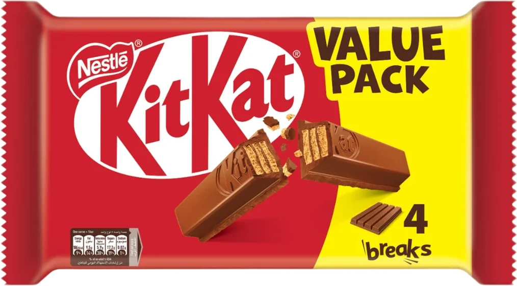 Nestle Kitkat 4fingures E, 45 g moulded or enrobed countline bar, front of pack