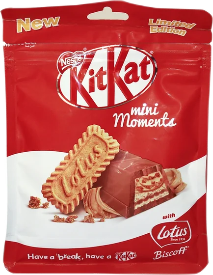 Nestle Kitkat Mini Moments Lotus, 116.2 g moulded or enrobed countline bar, front of pack