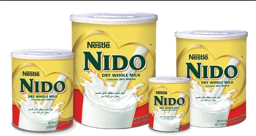 Nestle Nido Dry Whole Milk, 28% milkfat, Arabic pack, four tin sizes.