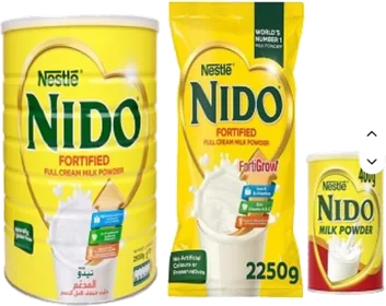Nestle Nido Fortified: 2500 g tin, 2250 g pouch and 400 g tin.