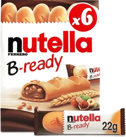 Nutella B-ready six-pack showing the 22 g single bar.