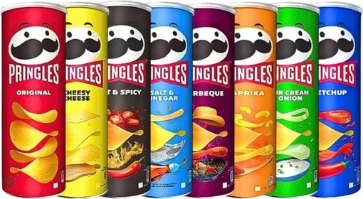 Pringles flavour range, eight cans. Availability per flavour is confirmed on enquiry.