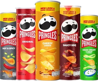 Pringles flavour range in the current can artwork, five flavours.