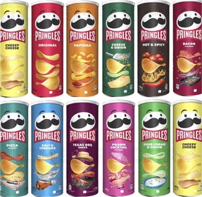 Pringles 165 g cans, twelve flavours as published by the supplier.