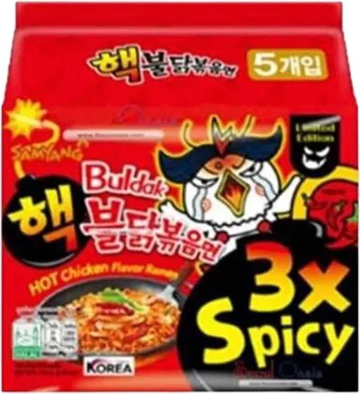 Samyang Buldak 3x Spicy, 140 g multipack of film-wrapped noodle cakes with seasoning sachets, front of pack