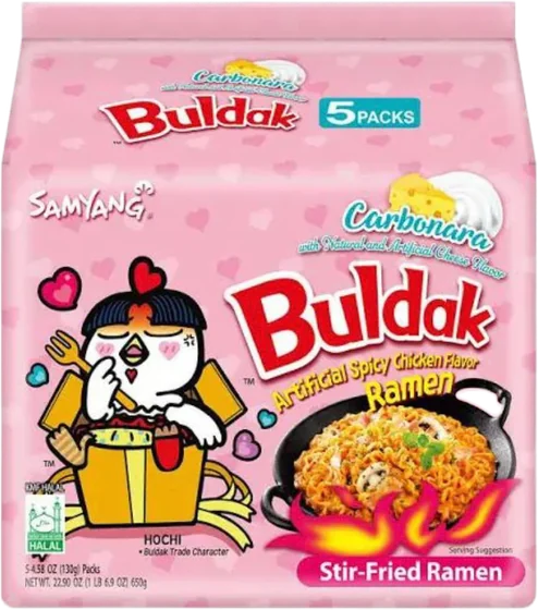 Samyang Buldak Carbonara, 130 g multipack of film-wrapped noodle cakes with seasoning sachets, front of pack