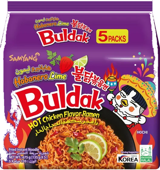 Samyang Buldak Habanero Lime, 135 g multipack of film-wrapped noodle cakes with seasoning sachets, front of pack