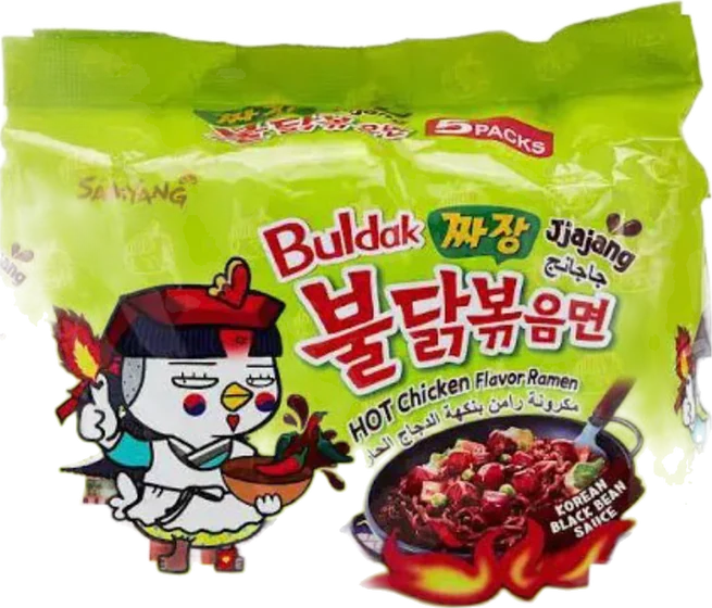 Samyang Buldak Jjajang, 140 g multipack of film-wrapped noodle cakes with seasoning sachets, front of pack