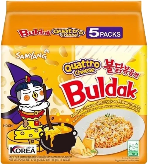 Samyang Buldak Quattro Cheese, 145 g multipack of film-wrapped noodle cakes with seasoning sachets, front of pack