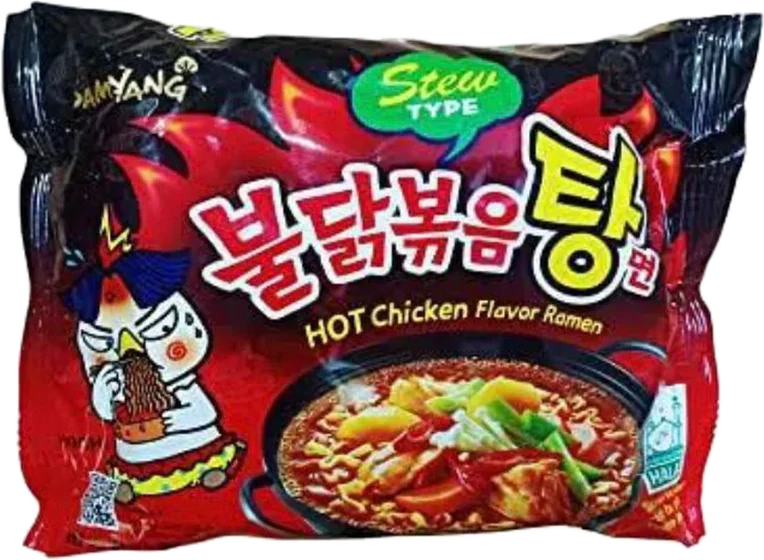 Samyang Buldak Stew Type, 145 g multipack of film-wrapped noodle cakes with seasoning sachets, front of pack